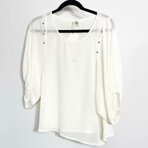 Ya Chiffon Sheer White Gemstone Embellished  Top Blouse Ladies Medium New